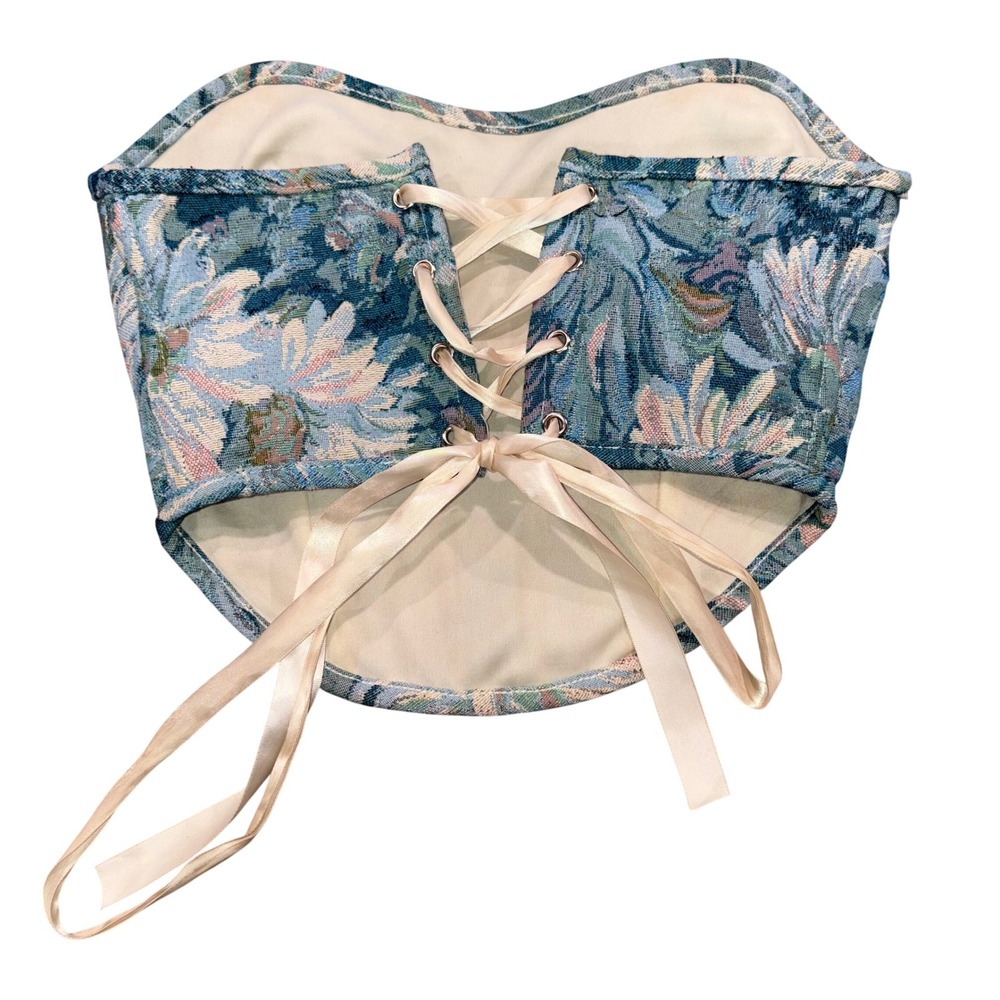 Floral Tapestry Lace Up Back Corset Cottagecore Coquette Womens Blue Tic Toc